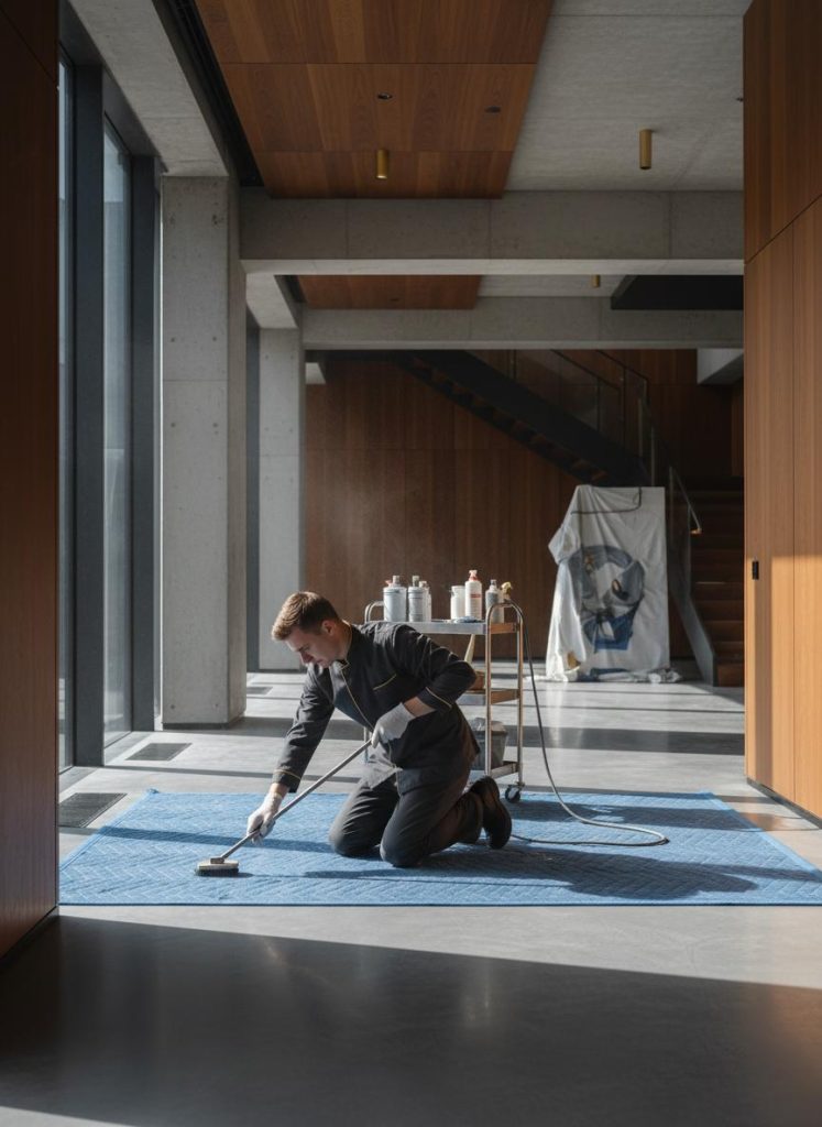 Post-construction cleaning specialist preparing a finished interior space