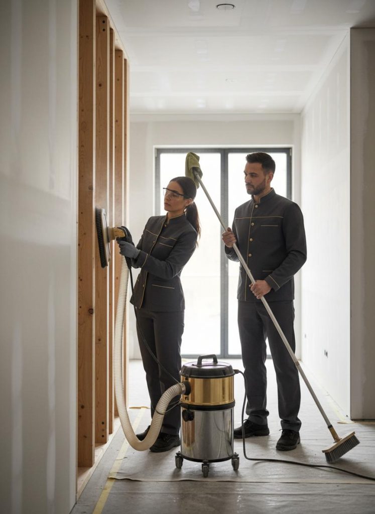 Post construction cleaning team removing dust and debris